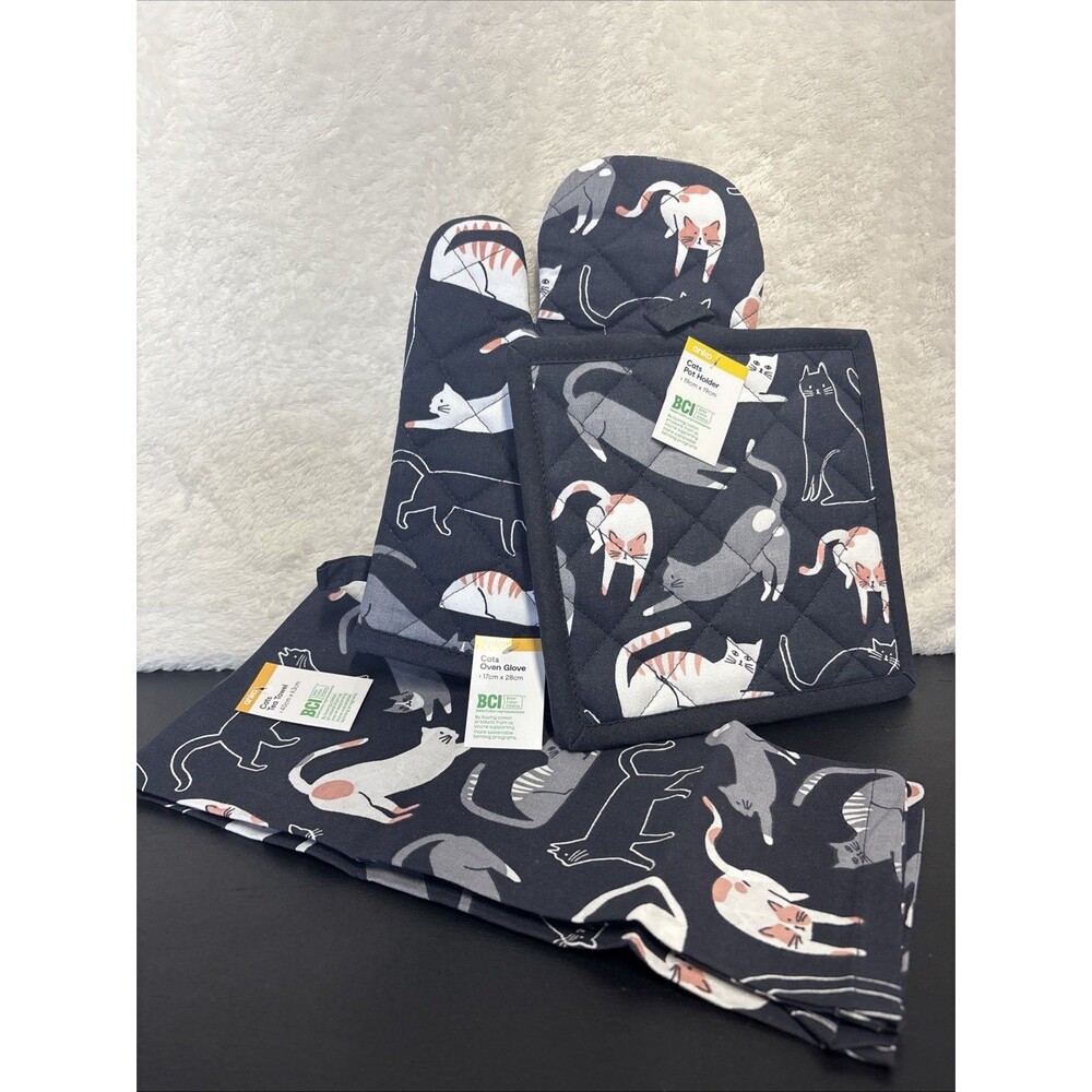 Kitchen potholder oven glove tea towel set cat theme